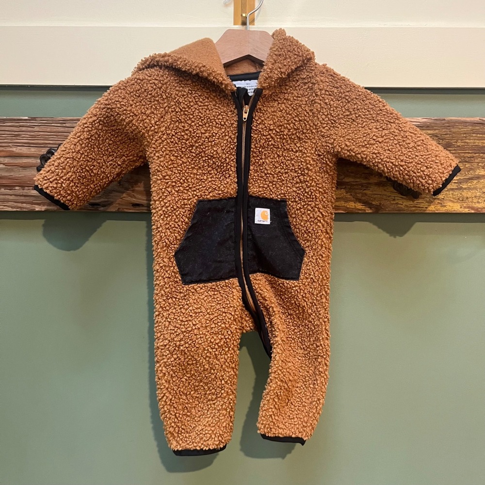 Carhartt Baby Sherpa Fleece Hooded Bunting Brown 3M Zip Up One Piece RN 13706